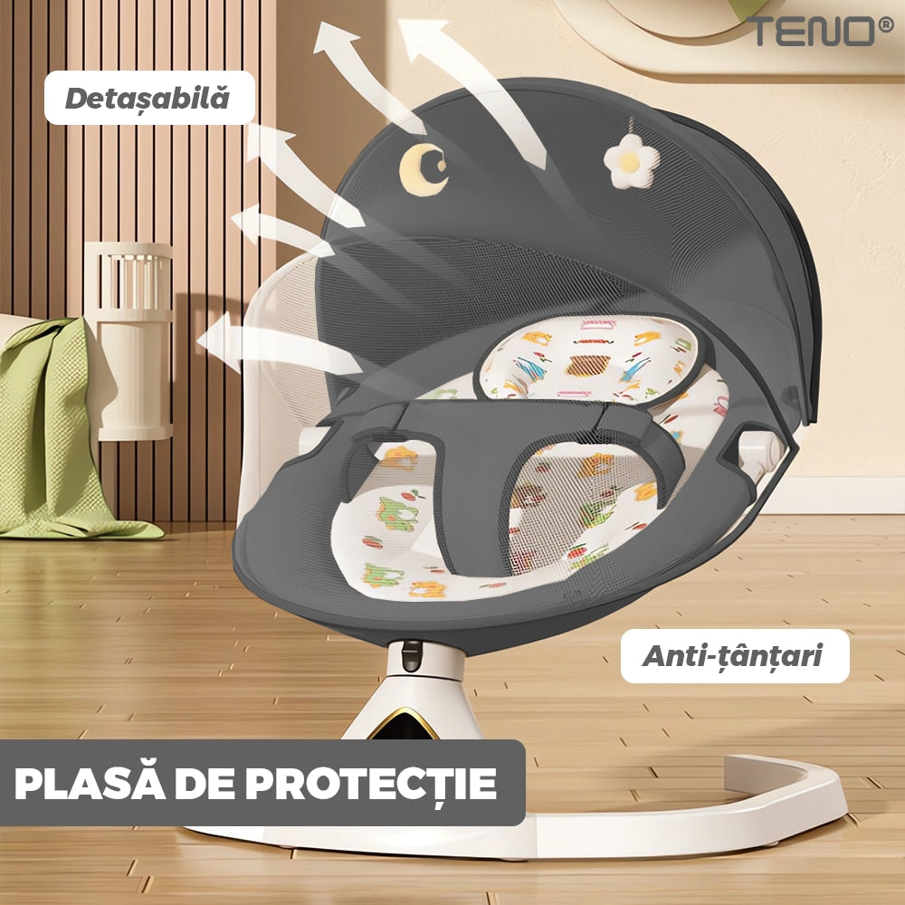 Leagan Electric Teno®, conectivitate Bluetooth, control tactil, tava detasabila, acoperis rabatabil, plasa protectie tantari pentru bebelusi, jucarii, muzica, gri inchis
