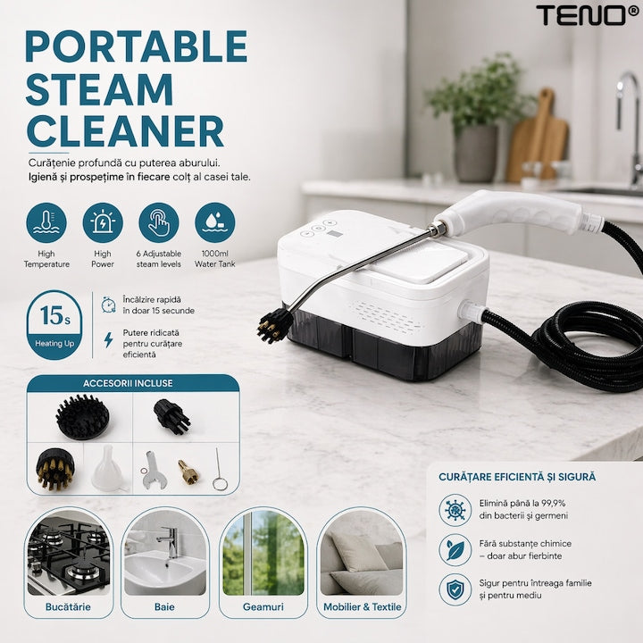 Steam Cleaner portabil Teno®, curatare cu abur 105°C, 6 nivele reglabile, rezervor 1000ml, incalzire rapida 15s, fara chimicale, multisuprafete