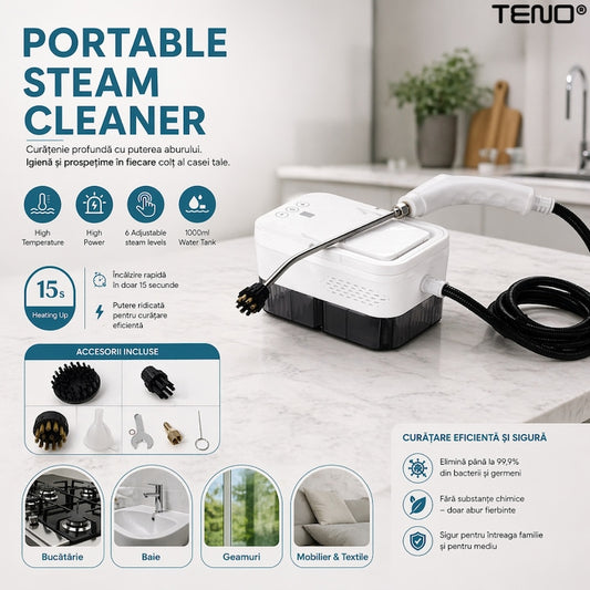 Steam Cleaner portabil Teno®, curatare cu abur 105°C, 6 nivele reglabile, rezervor 1000ml, incalzire rapida 15s, fara chimicale, multisuprafete