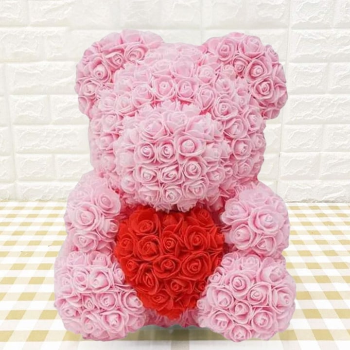 Ursulet Cu Inima Trandafiri Spuma Macvi®, 24 cm, Cutie Cadou Inclusa, Roz, Decor Romantic, Cadou Valentine Aniversare