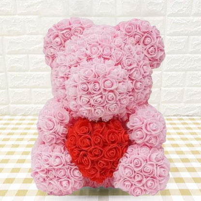 Ursulet Cu Inima Trandafiri Spuma Macvi®, 24 cm, Cutie Cadou Inclusa, Roz, Decor Romantic, Cadou Valentine Aniversare