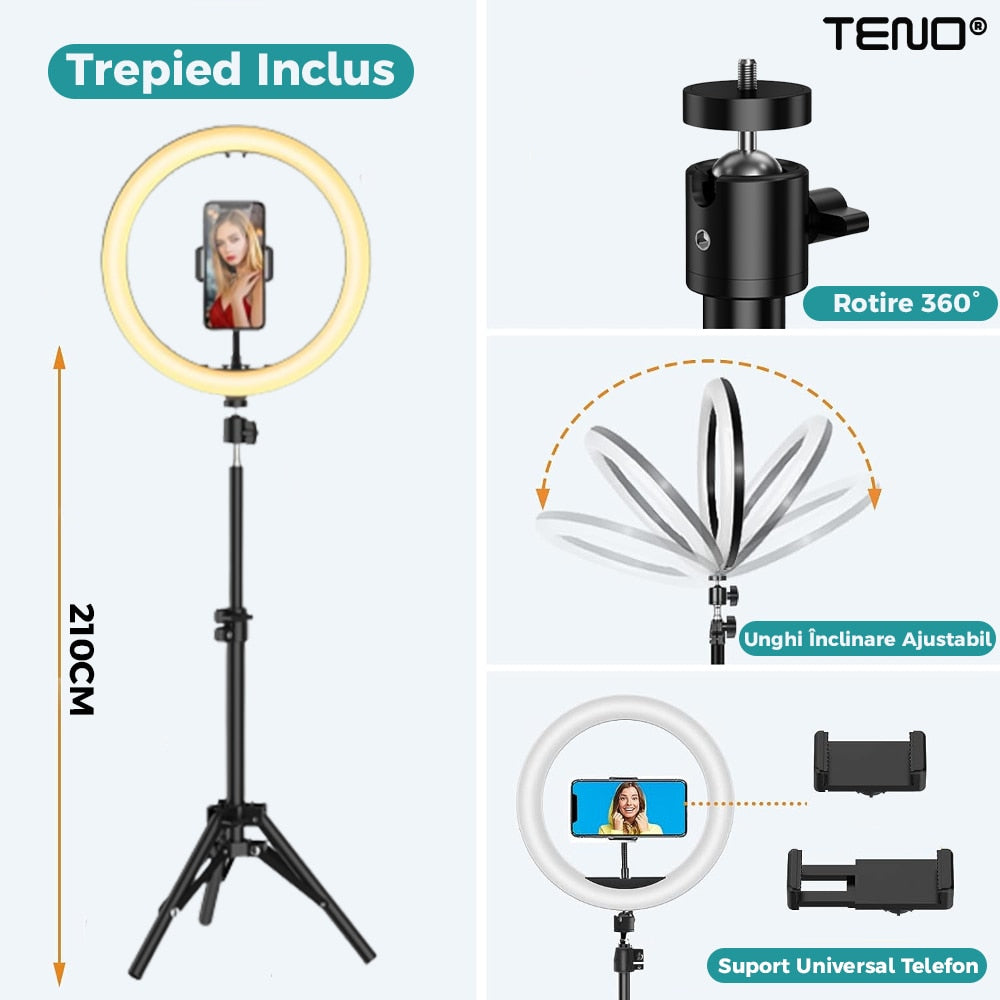 Lampa Circulara Ring Light Teno®, Diametru 56cm/22 Inch, 3 moduri de lumina, 10 trepte reglaj, telecomanda si trepied 210 cm incluse, suport triplu telefon, compatibilitate universala, alb