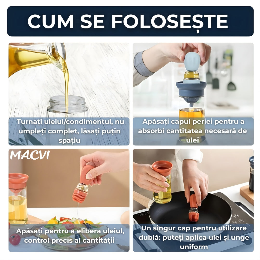 Sticla pentru ulei Macvi® cu pensula din silicon, scala precisa, rezistenta la caldura, usor de curatat, ideala pentru gatit, copt si grill, Multicolor