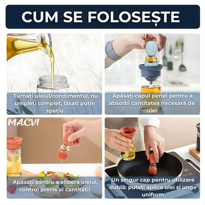 Sticla pentru ulei Macvi® cu pensula din silicon, scala precisa, rezistenta la caldura, usor de curatat, ideala pentru gatit, copt si grill, Multicolor