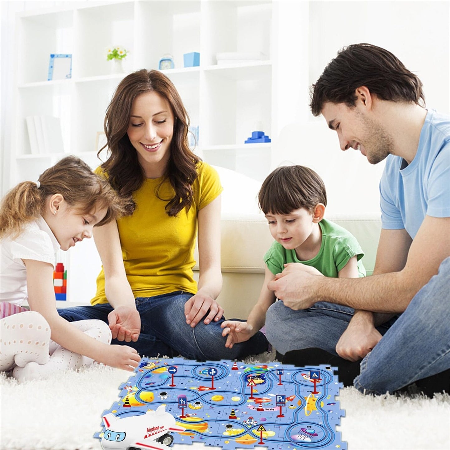 Set puzzle educational Macvi® cu pista de masinute si avion, 25 piese, model spatiu albastru, 47x38 cm, jucarie interactiva pentru copii 3+ ani