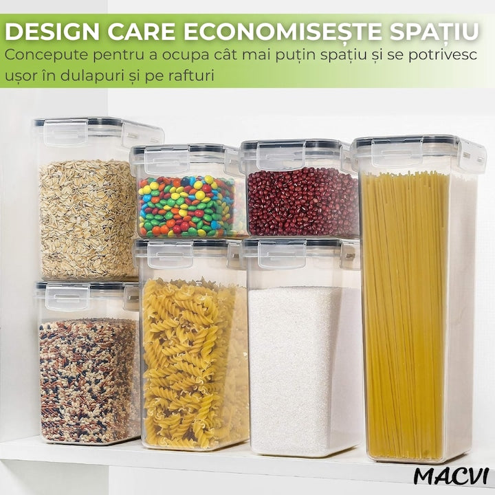 Set 7 organizatoare/recipiente Macvi® pentru depozitare alimente, etichete incluse, organizare bucatarie, capac etans, plastic fara BPA