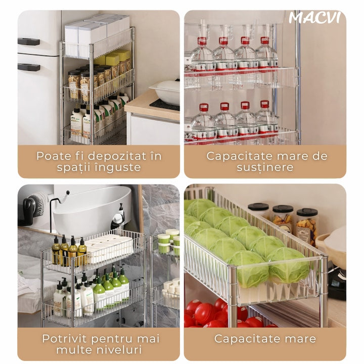 Raft depozitare Macvi® mobil cu 3 rafturi acrilice ingust cu roti pentru bucatarie baie si spatii mici 41 x 16 x 60 cm