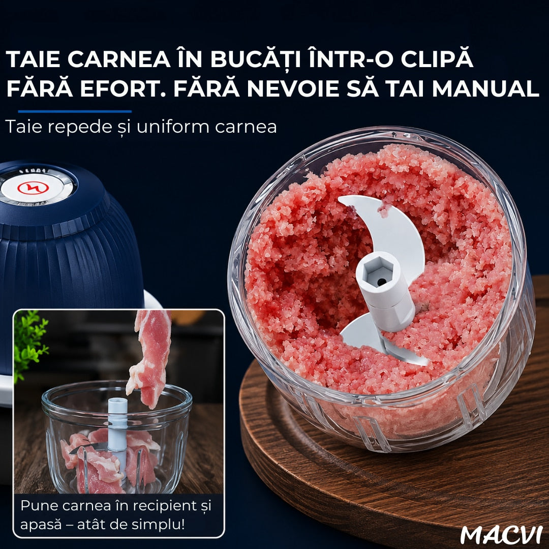 Mini Tocator Electric Macvi® 300 ml Multifunctional Reincarcabil USB pentru Carne Legume Usturoi Ceapa Albastru