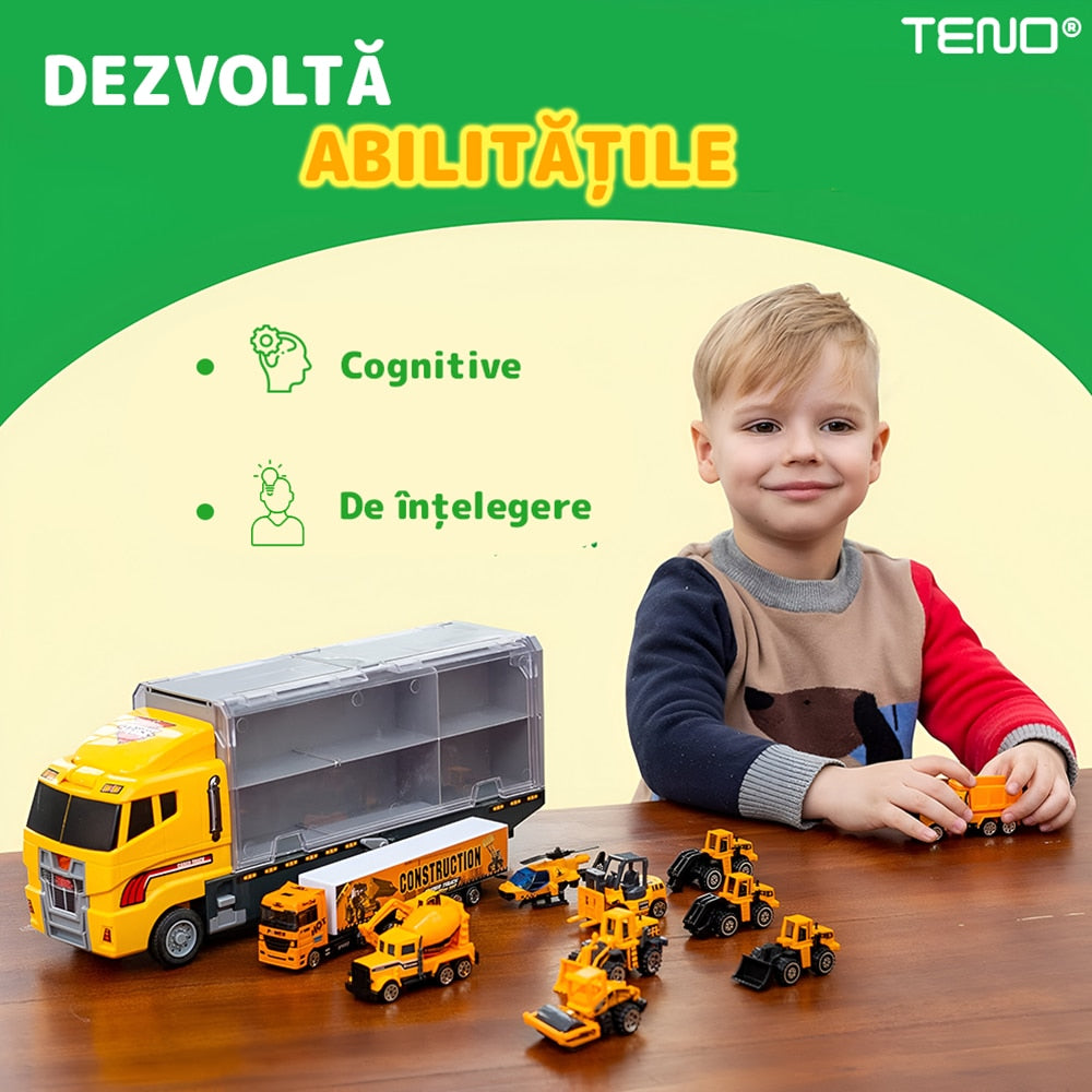 Set Camion Trailer de Jucarie pentru Transport Teno®, seria utilaje de constructie, 6 masinute incluse, bulldozer, utilaje, tir, accesorii mobile, lansator si rampa frontala, platforma tractare, galben