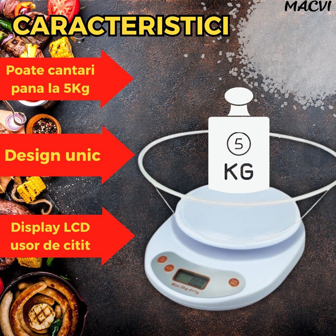 Cantar de Bucatarie Macvi® cu Bol, 5 Kg, Display LCD, Inchidere Automata