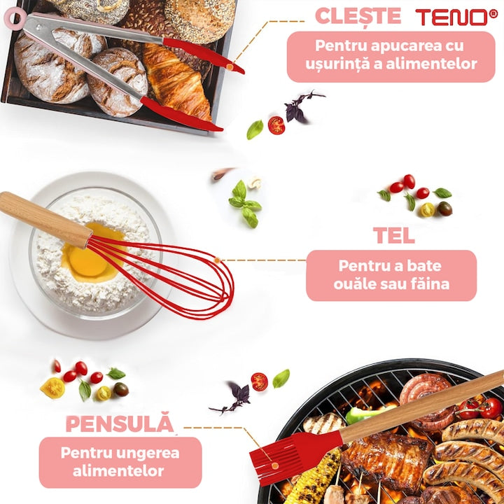 Set Ustensile Bucatarie 12 Piese Silicon Alimentar Teno®, termorezistente, antiaderente, sigure, suport inclus, rosu