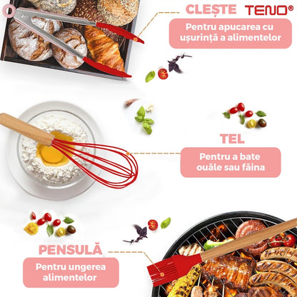 Set Ustensile Bucatarie 12 Piese Silicon Alimentar Teno®, termorezistente, antiaderente, sigure, suport inclus, rosu