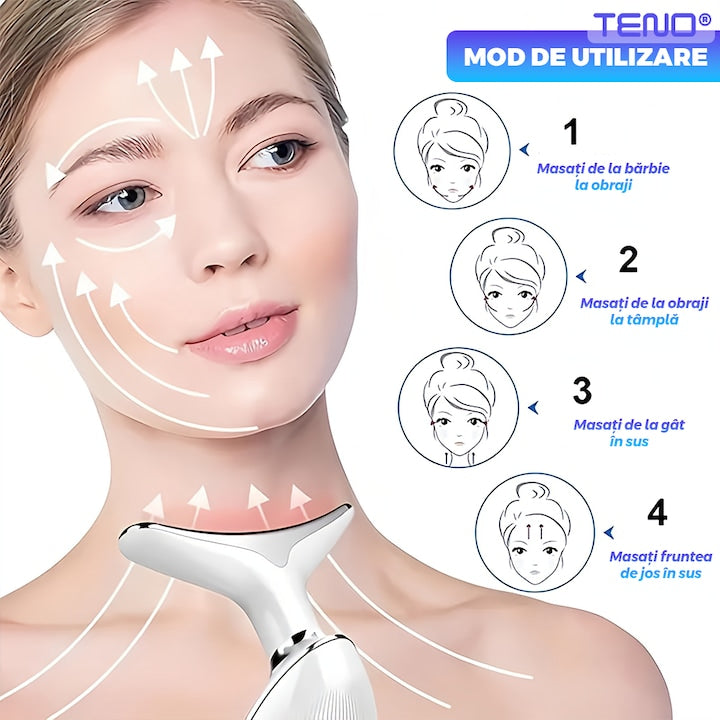Dispozitiv Facial pentru Elinimarea Ridurilor Teno®, ingrijirea gatului, lifting, stimulare EMS, antirid, tratament LED,3 moduri de culoare, functie de incalzire, masaj, alb