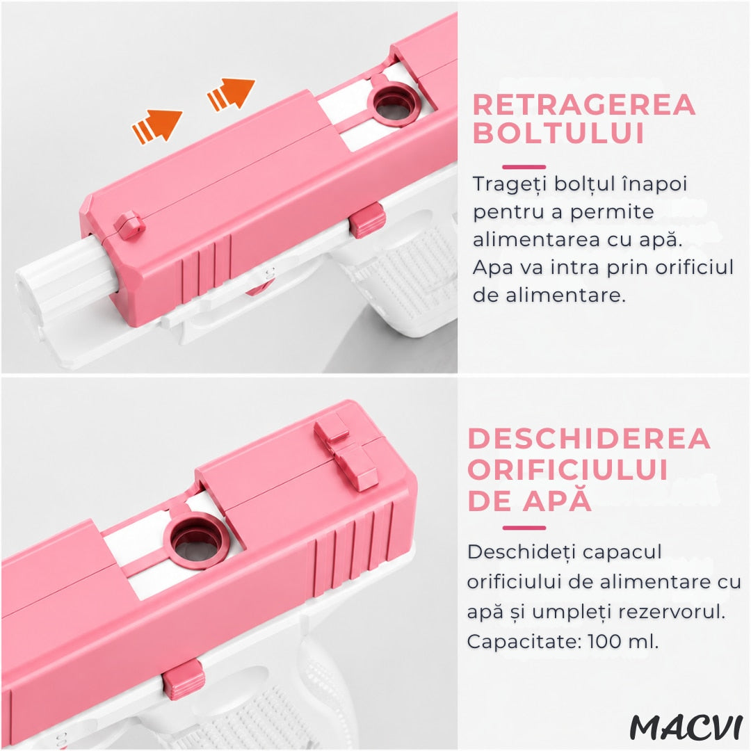 Pistol cu apa copii Macvi®, alb cu roz, actionare manuala, jucarie vara exterior, dezvoltare dexteritate, 11.5 x 10 x 2.5 cm