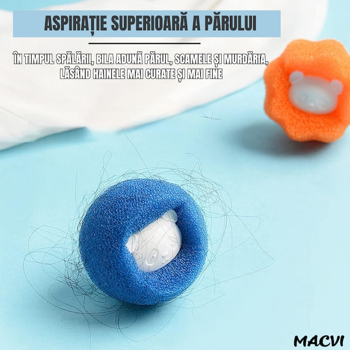 Set 10 bile Macvi® pentru masina de spalat - indepartare eficienta a parului de animale si uman, reutilizabile, eco-friendly, albastru si portocaliu