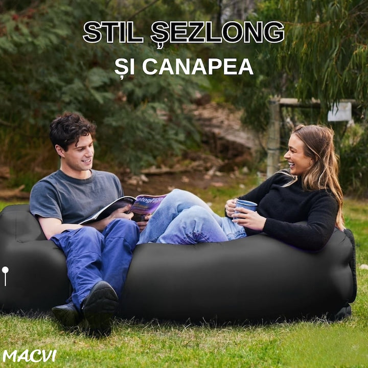 Saltea gonflabila tip sezlong Lazybag Macvi®, material rezistent, umflare fara pompa, pentru plaja/picnic/camping, rucsac de depozitare, 190 x 70 cm,Negru