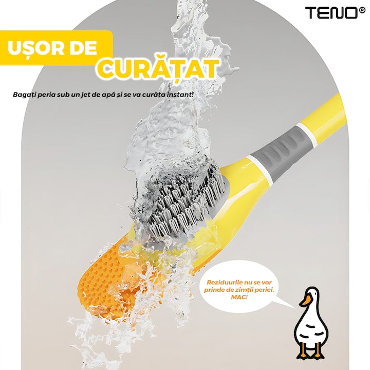 Perie pentru Toaleta Ratusca Teno®, din silicon, model adorabil, carcasa ou, suport adeziv montabil pe orice suprafata, 2 capete, capat cioc din silicon, capat cu peri pentru pete, galben