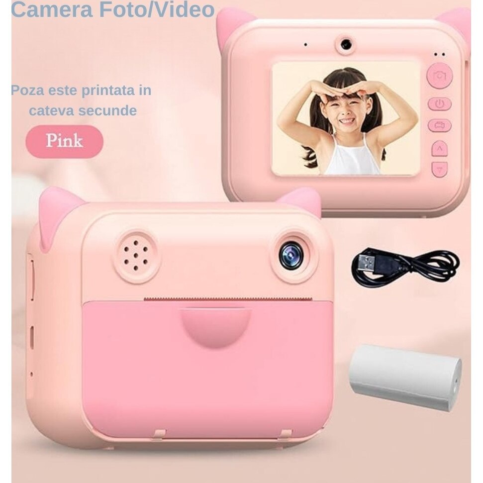 Aparat Foto pentru Copii Macvi® cu Imprimare Instant, Ecran 2.4 inch, 20 Mpx, Full HD 1080P, Selfie, Jocuri, Reincarcabil, 1 rola hartie inclusa, Roz