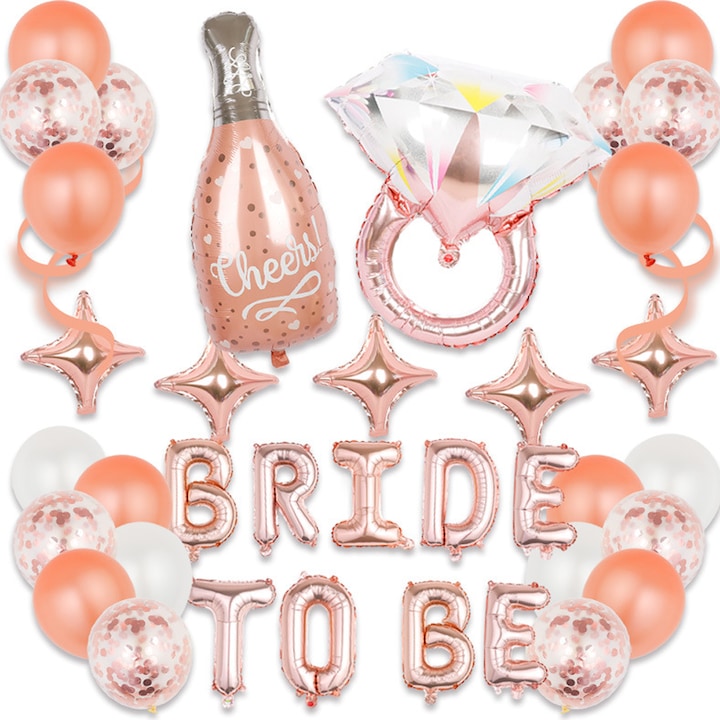 Set 36 Baloane Teno®, Litere, pentru Petreceri/Aniversari/Evenimente, sticla de sampanie, inel de logodna, mai multe dimensiuni, metalizate, folie, model BRIDE TO BE, rose gold