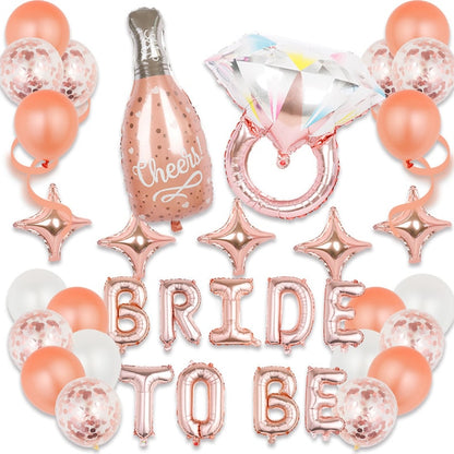 Set 36 Baloane Teno®, Litere, pentru Petreceri/Aniversari/Evenimente, sticla de sampanie, inel de logodna, mai multe dimensiuni, metalizate, folie, model BRIDE TO BE, rose gold
