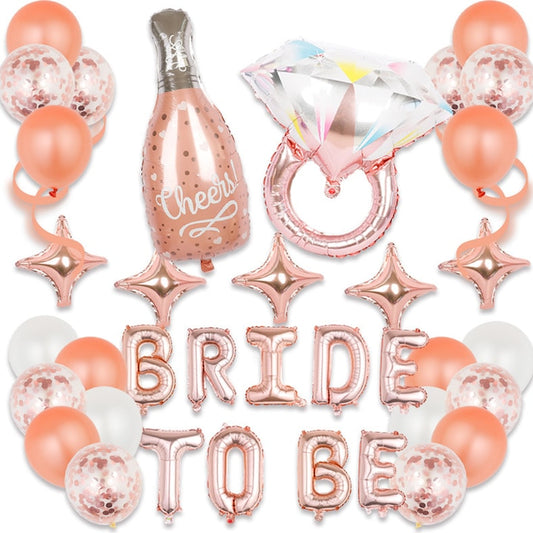 Set 36 Baloane Teno®, Litere, pentru Petreceri/Aniversari/Evenimente, sticla de sampanie, inel de logodna, mai multe dimensiuni, metalizate, folie, model BRIDE TO BE, rose gold