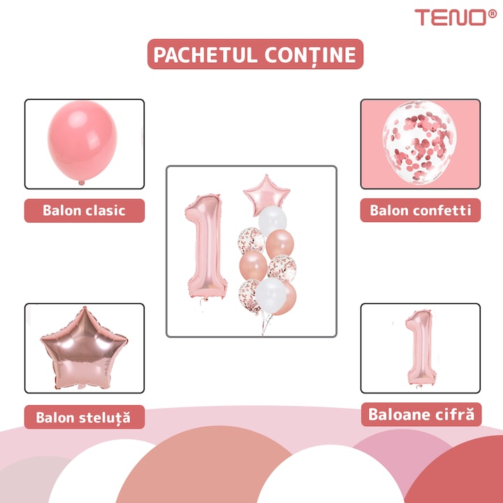 Set 12 Baloane Teno®, Cifra 1, pentru Petreceri/Aniversari/Evenimente, Stea/Rotunde/Confetti, 3 culori, latex, rose gold