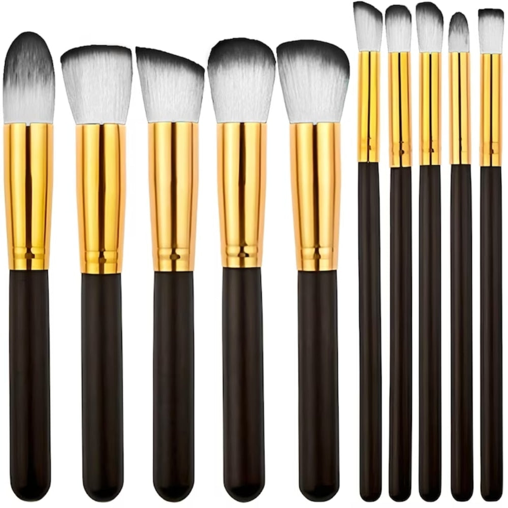 Set 10 pensule machiaj profesionale Macvi® peri sintetici moi maner ergonomic plastic make up fond ten blush fard negru auriu