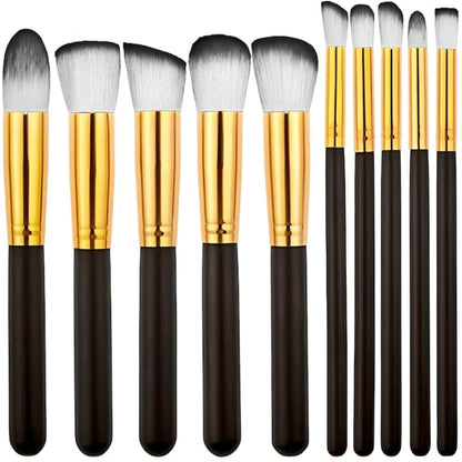 Set 10 pensule machiaj profesionale Macvi® peri sintetici moi maner ergonomic plastic make up fond ten blush fard negru auriu