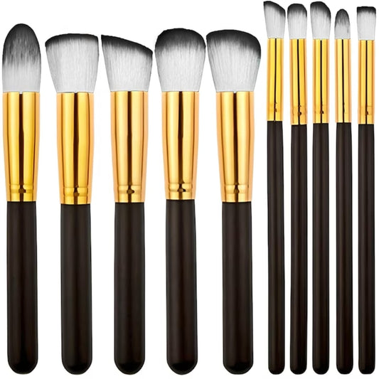 Set 10 pensule machiaj profesionale Macvi® peri sintetici moi maner ergonomic plastic make up fond ten blush fard negru auriu