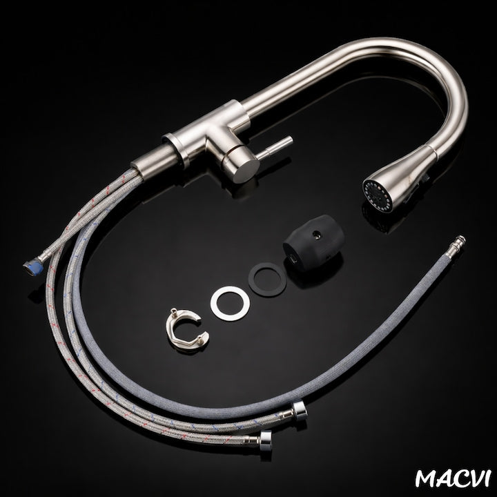 Baterie chiuveta bucatarie Macvi® Premium dus extractabil pipa inalta rotire 360 cartus ceramic 2 functii jet buton ON OFF racorduri incluse inox mat argintiu
