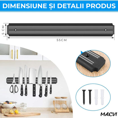 Suport magnetic pentru bucatarie, MACVI, 55x5cm, inox, argintiu