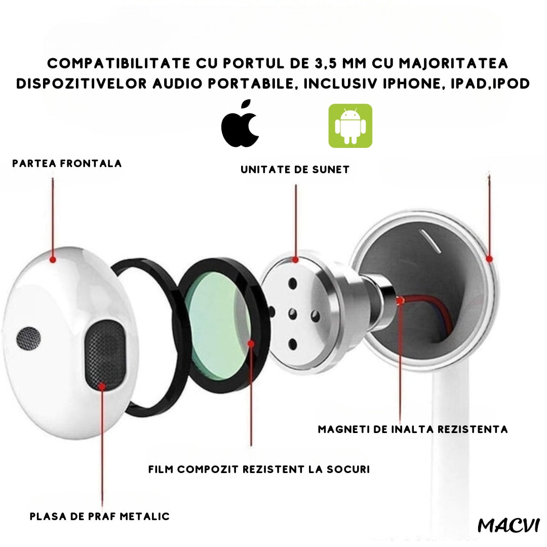 Casti Macvi® cu microfon si control al volumului, izolatoare de zgomot, compatibile cu iPhone