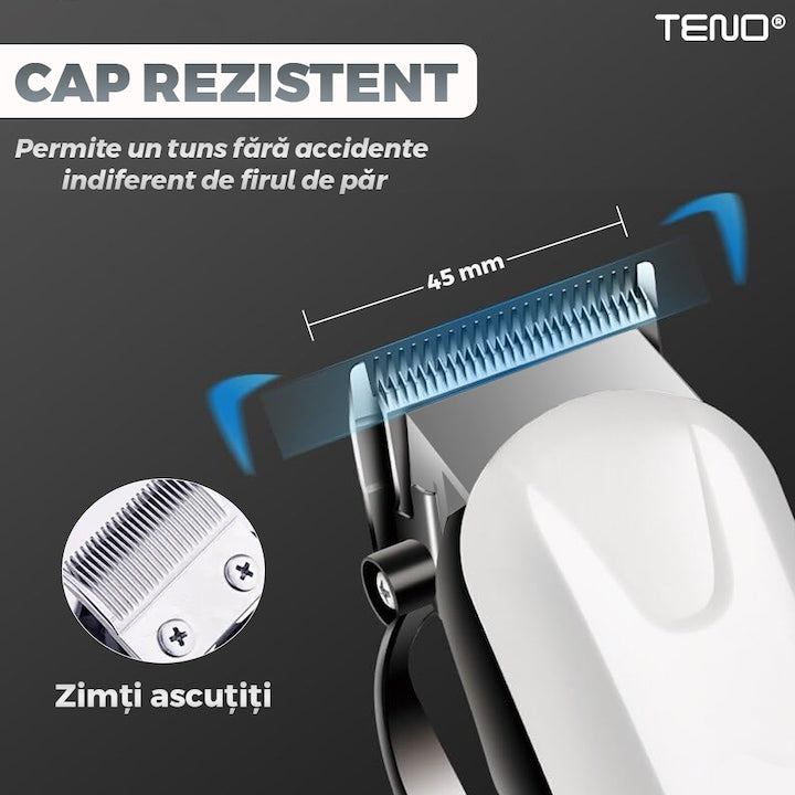 Aparat de tuns barba Teno®, afisaj digital, 4 piepteni inclusi, incarcare la retea, lame ascutite, usor de curatat, trimmer profesional, alb