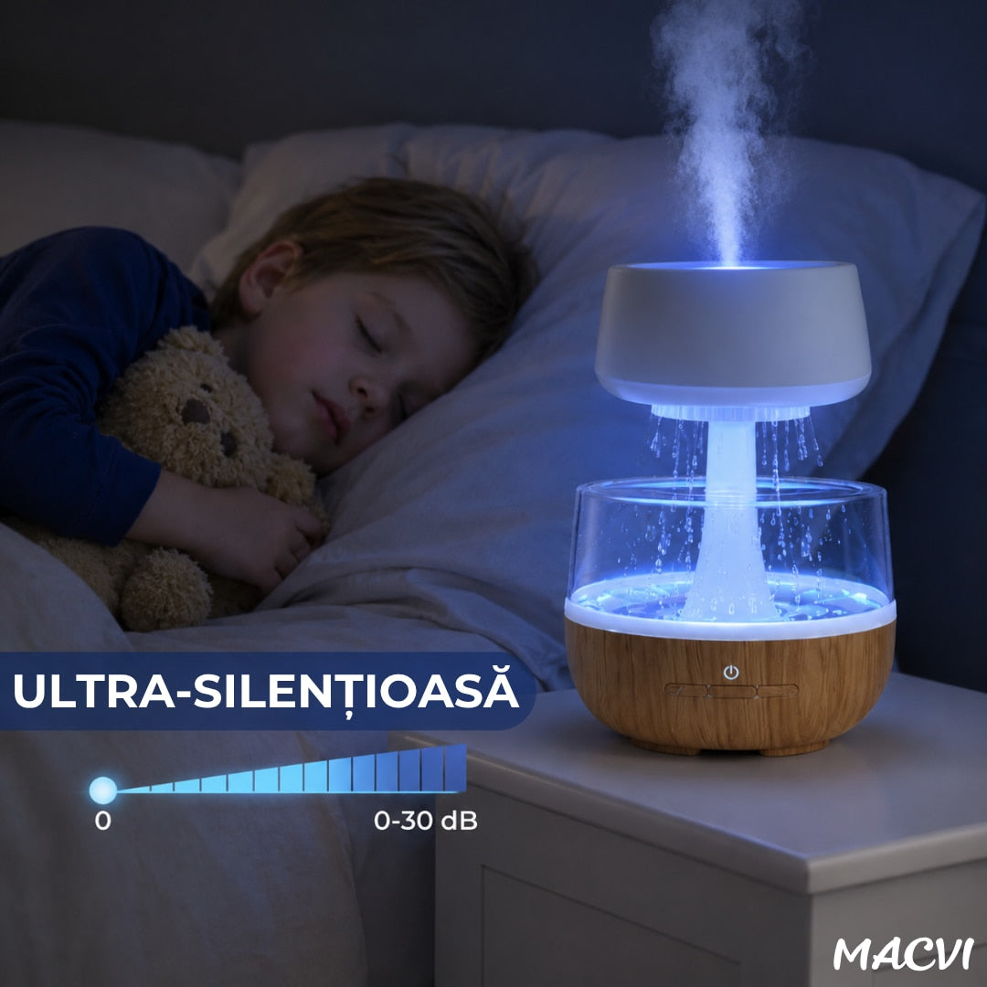 Umidificator decorativ cu efect de ploaie tip nor Macvi® cu LED 7 culori sunet ploaie, 0.3L, Cablu USB