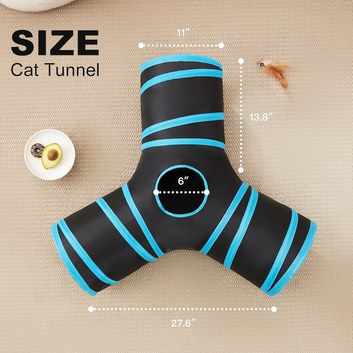 Tunel pliabil pentru pisici Macvi®, 3 cai, cu clopotei, poliester rezistent, portabil, 28x28x5 cm, albastru