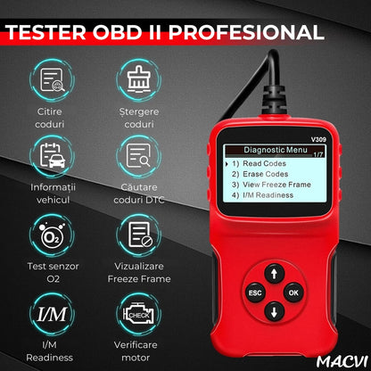 Tester auto MACVI OBD2 V309, citire/sterere coduri DTC, ecran LCD mare, plug and play
