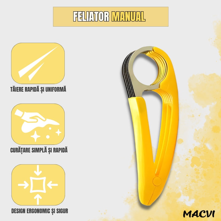 Feliator Manual pentru Banane Macvi®, Lame Inox, Design Ergonomic, Taiere Uniforma, Usor de Curatat, Galben