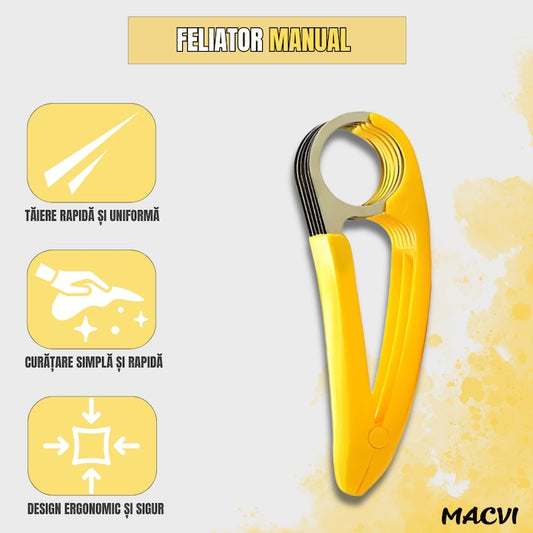 Feliator Manual pentru Banane Macvi®, Lame Inox, Design Ergonomic, Taiere Uniforma, Usor de Curatat, Galben