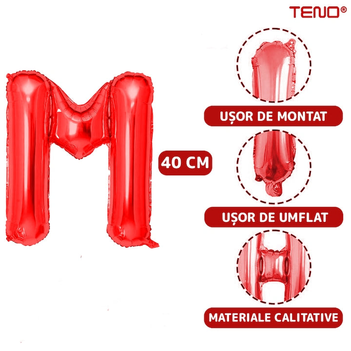 Balon in Forma de Litera M Teno®, metalizat, pentru Petreceri/Aniversari/Evenimente, rezistent, folie, rosu, 40 cm