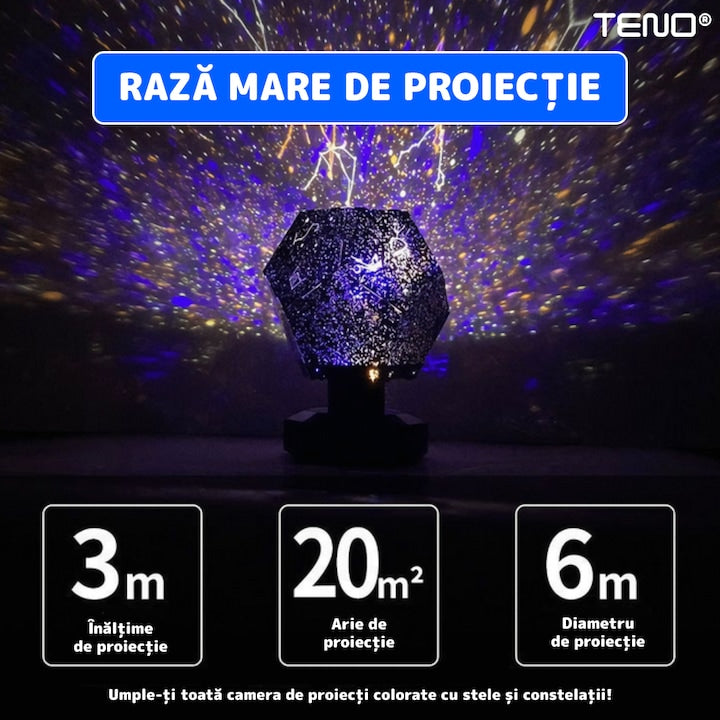 Lampa de Veghe Teno®, proiector de stele si constelatii, rotativ, inclinabil, constelatii, 3 culori, albastru, alb, galben, lumina de noapte, arie mare de acoperire, 25 x 12 cm, negru