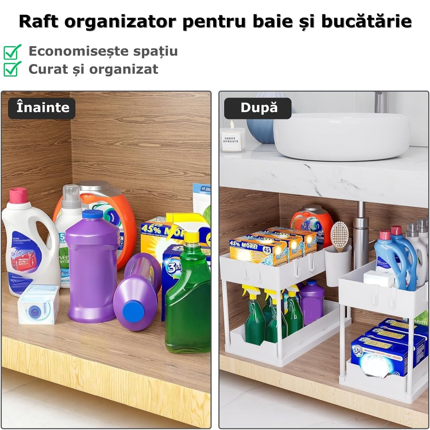 Organizator Extensibil Sub Chiuveta Macvi® cu Sertar Glisant si 4 Carlige Alb Descriere produs: