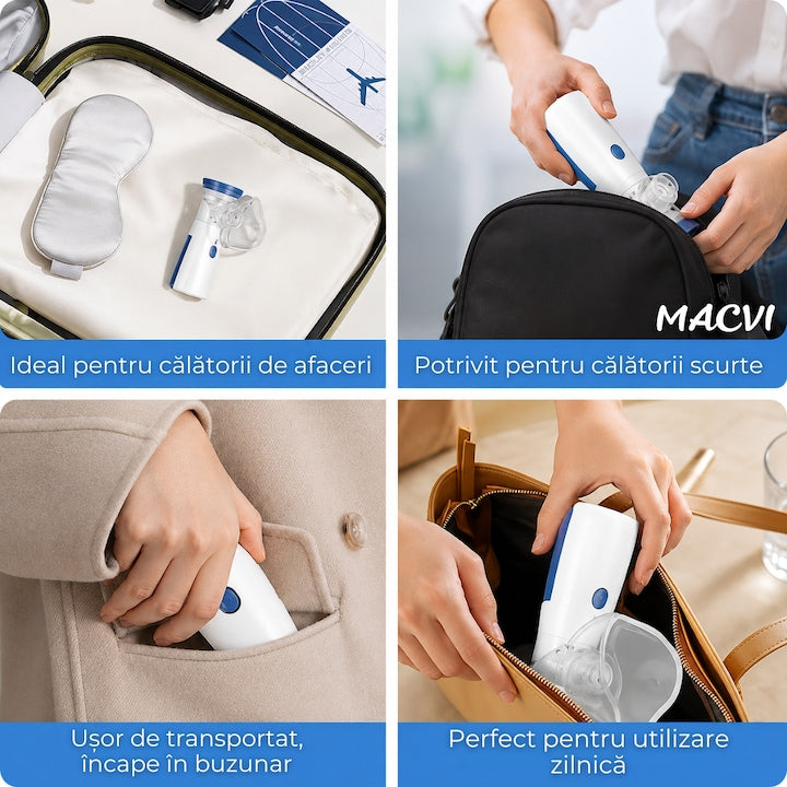 Aparat aerosoli, nebulizator Macvi® cu Tehnologie Mesh Ultrasonic, 3 Trepte, Debit 0, 15-0, 35 ml/min, Capacitate 8 ml, USB + Baterii AA, Zgomot ≤20dB, Masti Copii si Adulti, Alb/Albastru