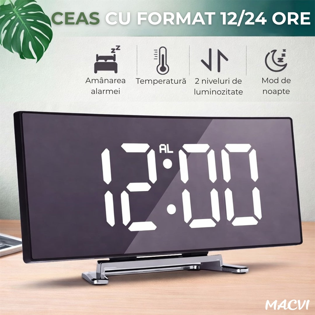 Ceas de masa tip oglinda Macvi® , model DT-6507, ecran LED curbat, afisare temperatura, Verde
