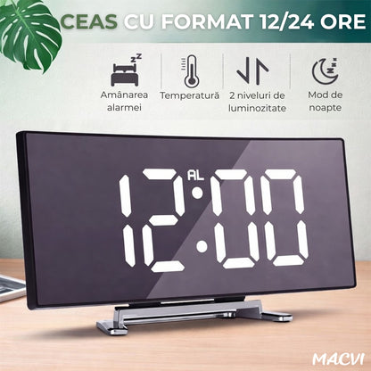Ceas de masa tip oglinda Macvi® , model DT-6507, ecran LED curbat, afisare temperatura, Verde