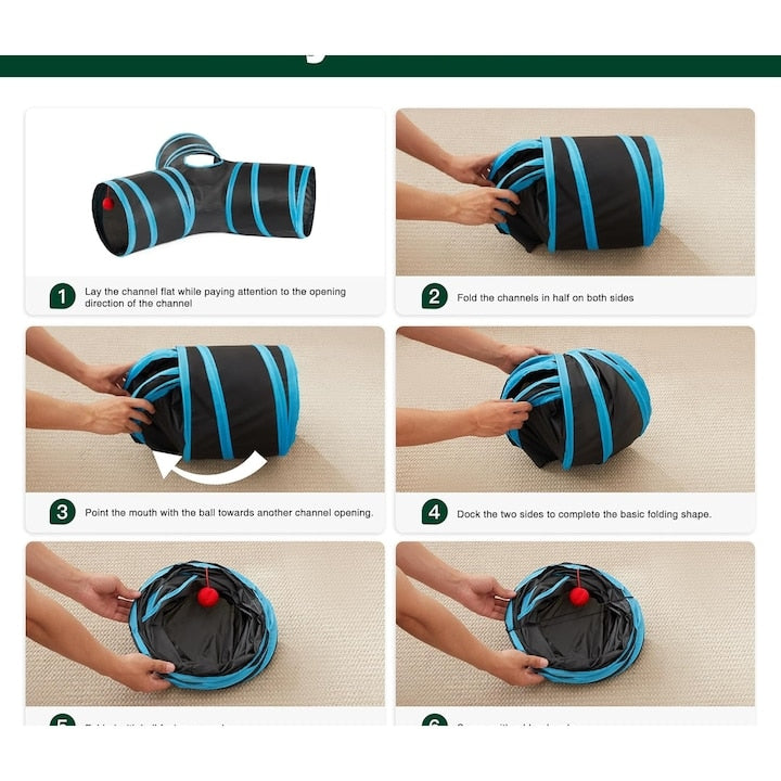 Tunel pliabil pentru pisici Macvi®, 3 cai, cu clopotei, poliester rezistent, portabil, 28x28x5 cm, albastru