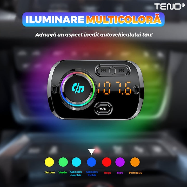 Modulator Auto FM Teno, Bluetooth 5.0, Functie Dubla Incarcare, Afisaj LED, Negru