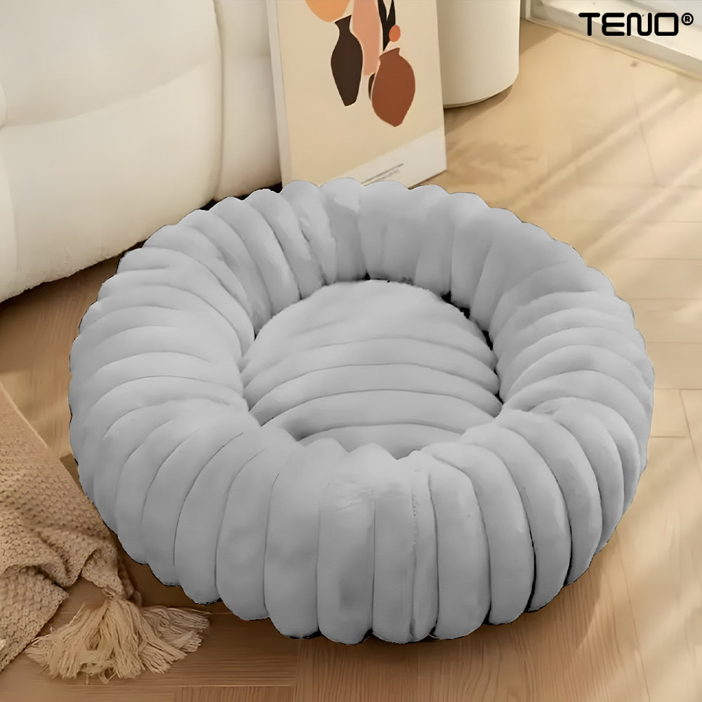 Pat Animale Teno®, captusit, moale, pufos si calduros, pentru caini si pisici, diametru 60 cm, baza anti-alunecare, design dungat, gri