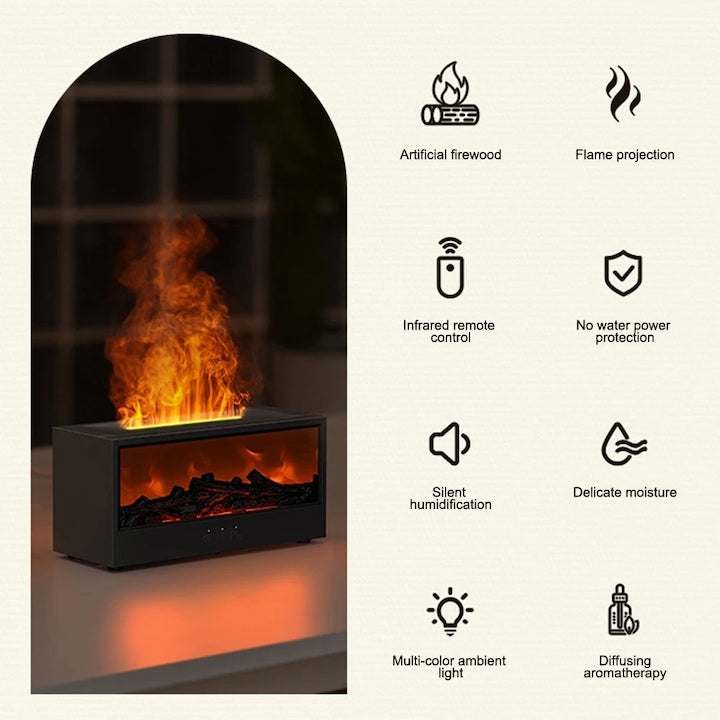 Umidificator de aer inteligent Macvi® 3D cu efect de flacara, aromaterapie, rezervor 200 ml, LED multicolor, silentios, portabil USB, cu telecomanda si 3 moduri de functionare