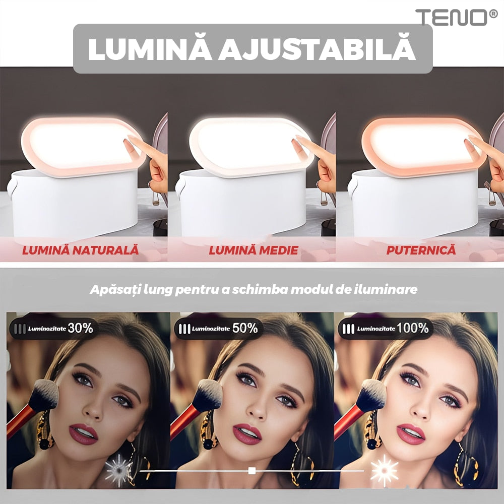 Oglinda Cosmetica Multifunctionala Teno®, portabila, lumina LED, spatiu depozitare pentru cosmetice, buton Touch-Screen, lumina dimabila, 23 x 10 x 11.5 cm, alb