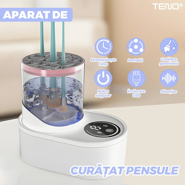 Aparat de Curatat Pensule Machiaj Teno®, curatare ultrasonica, rapid, eficient, dubla utilizare, pentru curatare/uscare, temporizator, alimentare USB, alb